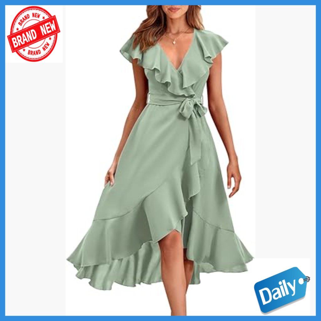 Midi Wrap Dress With V-Neck, Ruffle Hem, And Tie Waist For Casual Wear